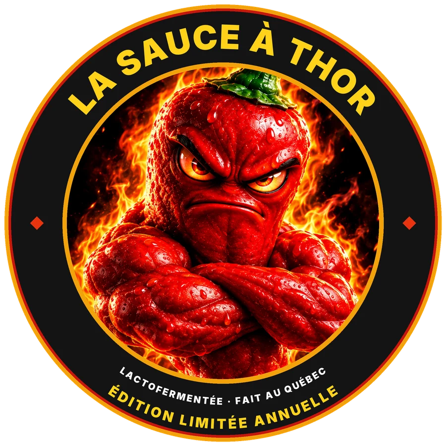 Logo de La sauce à Thor : un piment rouge musclé aux bras croisés, entouré de flammes.